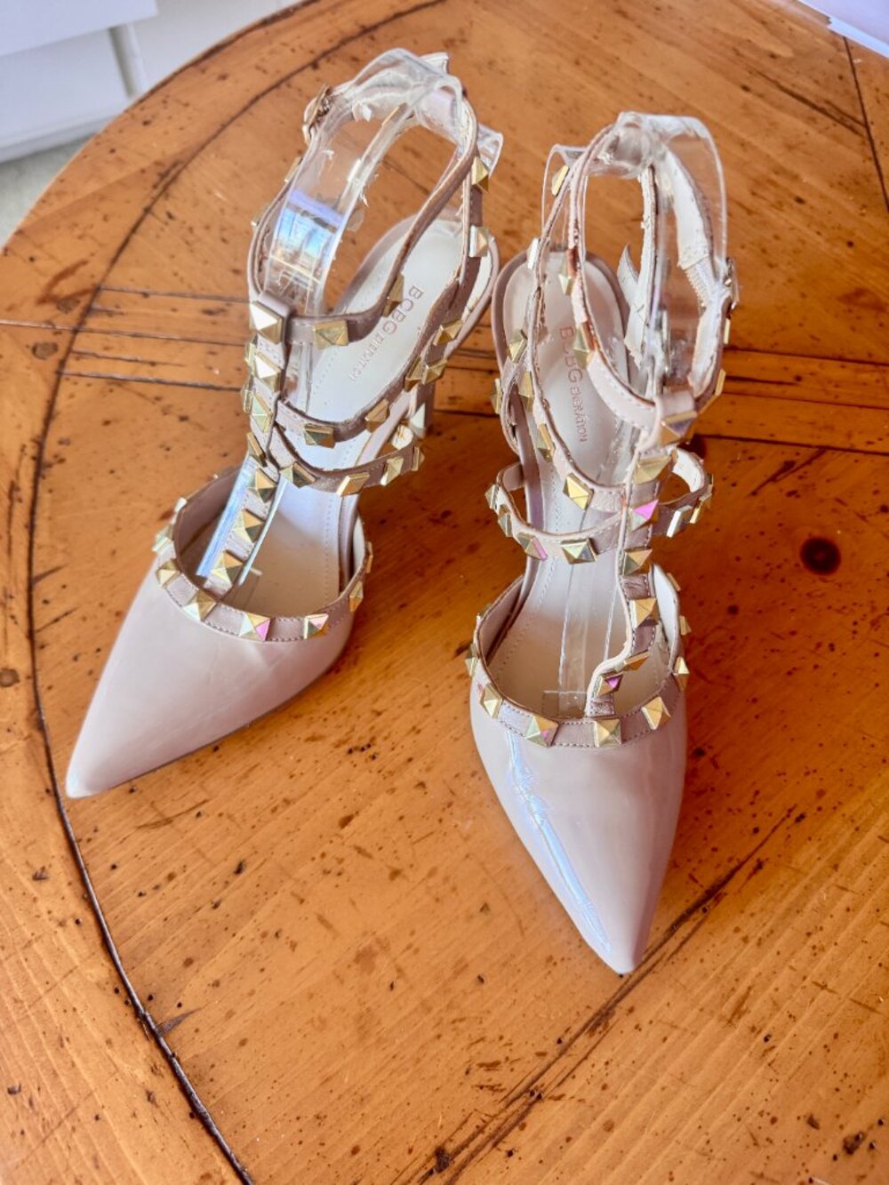New BCBG Generation Daron Rockstud Patent Pumps Nude Gold-tone Studs Sz 8 #10